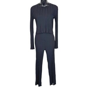 New House of Harlow 1960 Ribbed Knit 2 Piece Set Black Long Sleeve Top Pants Med
